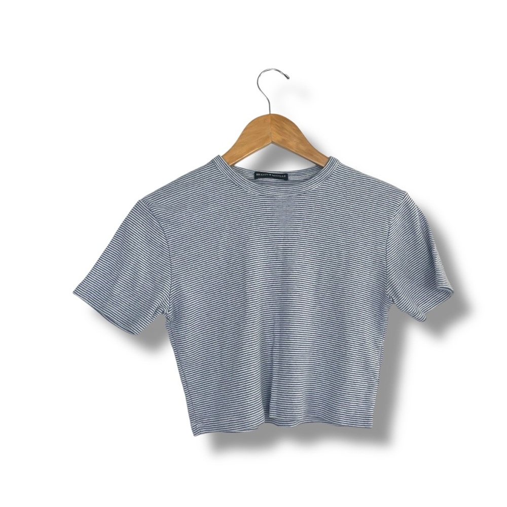 Brandy Melville Knit Striped Crop Top Baby Tee Blue White 100% Cotton - Picture 2 of 5
